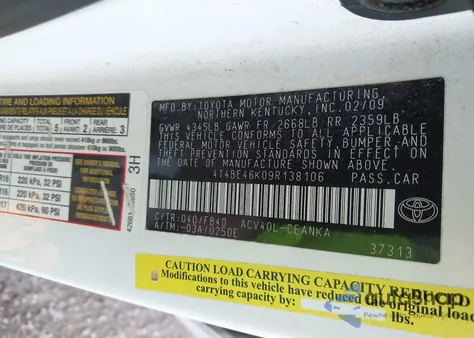 2009 Toyota Camry z USA, uszkodzony, nr VIN 4T4BE46K09R138106